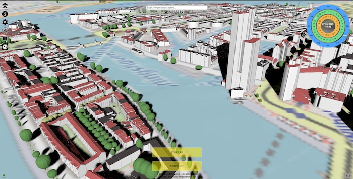 3D schaduwsimulatie van gebouwen
                in Nederland weergegeven in een interactieve digital twin